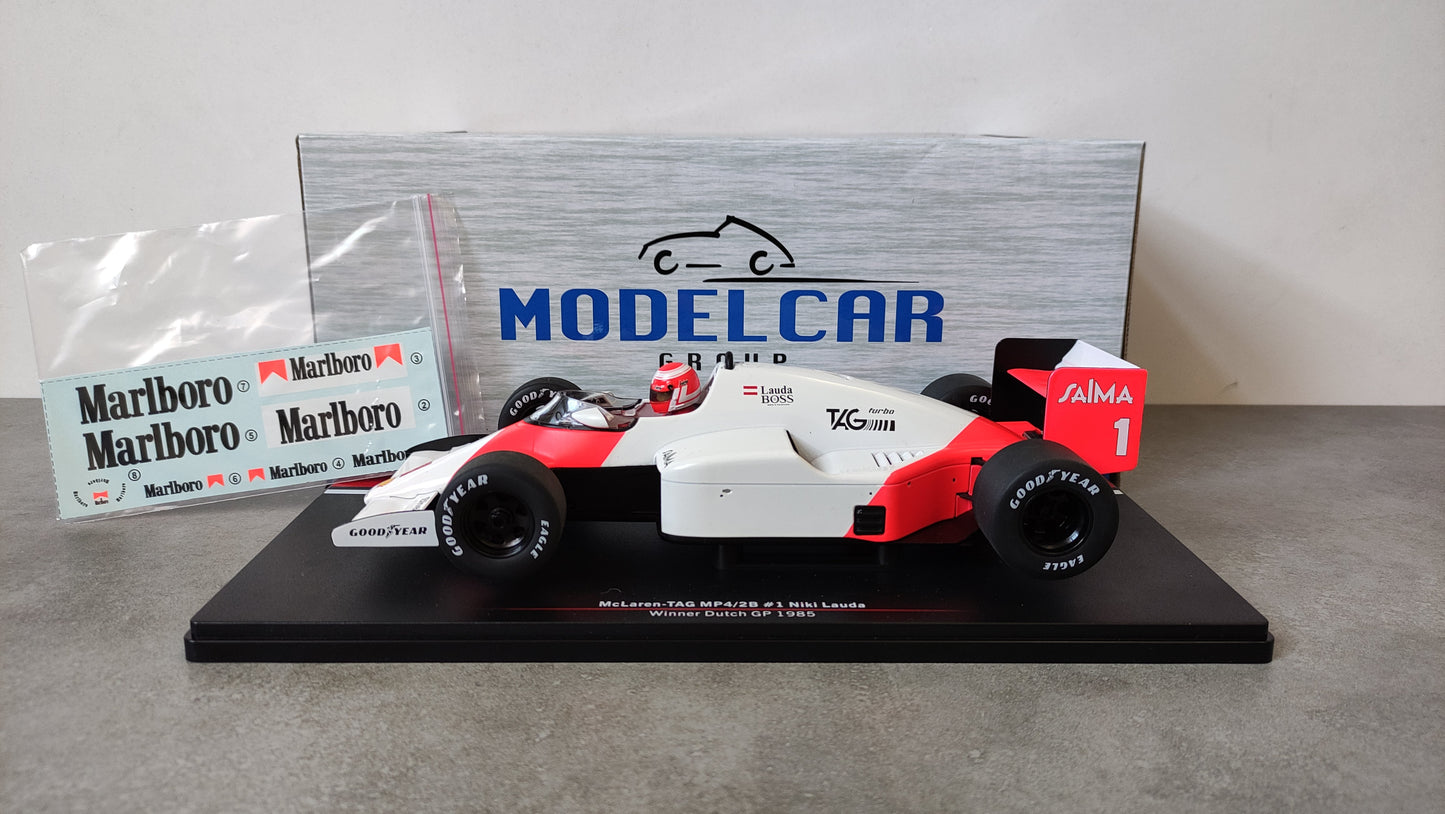 Model Car Group Marlboro Mclaren TAG MP4/2b Niki Lauda 1985 winner Dutch GP 1/18 MCG18607F