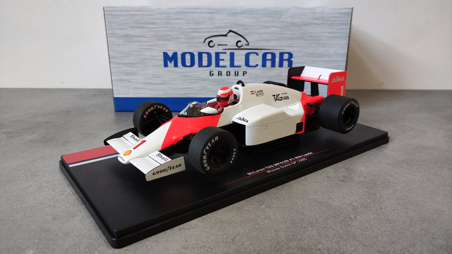Model Car Group Marlboro Mclaren TAG MP4/2b Niki Lauda 1985 winner Dutch GP 1/18 MCG18607F