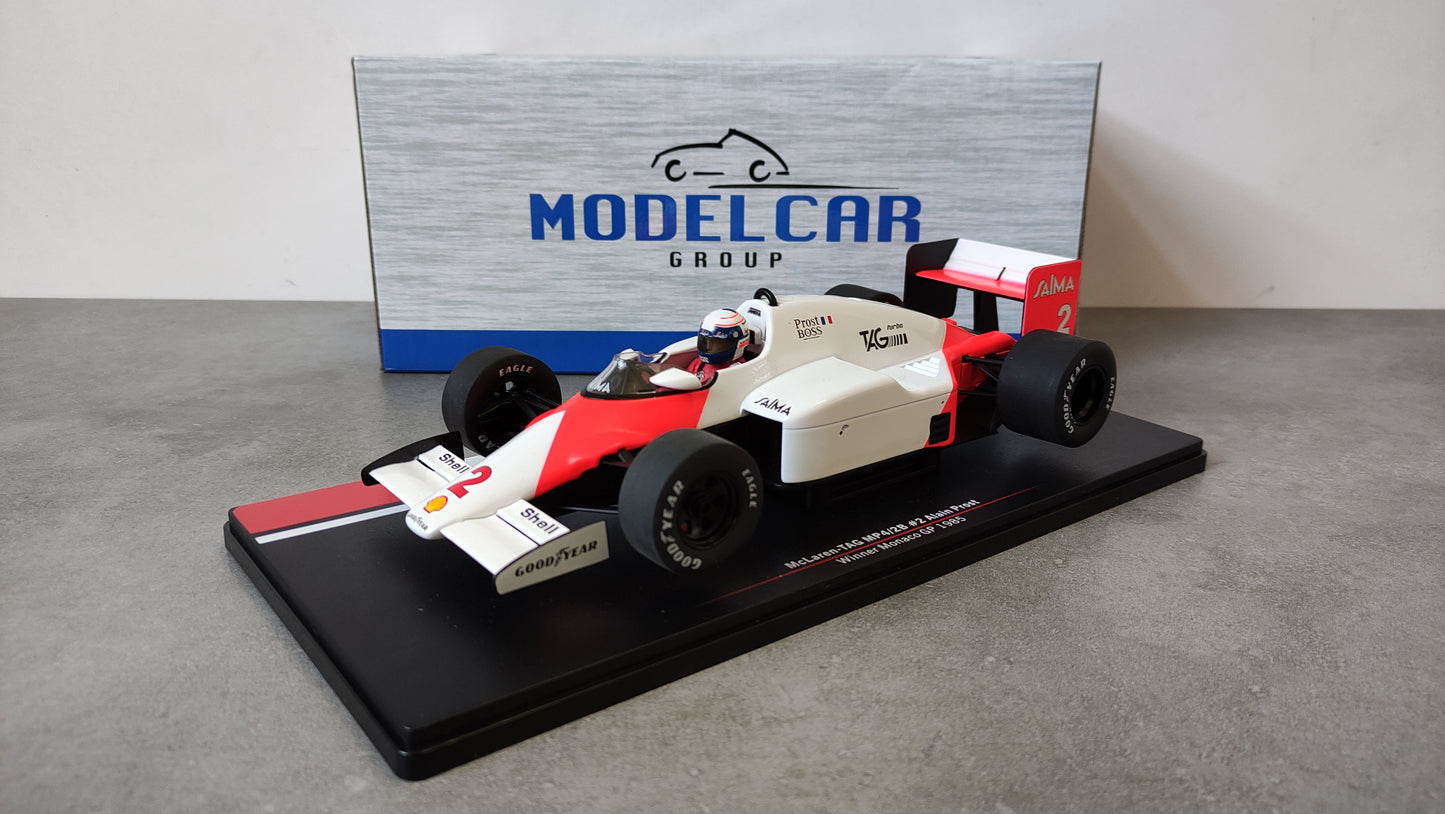 Model Car Group Marlboro Mclaren TAG MP4/2b Alain Prost Winner Monaco GP 1985 F1 World Champion 1/18 MCG18606F