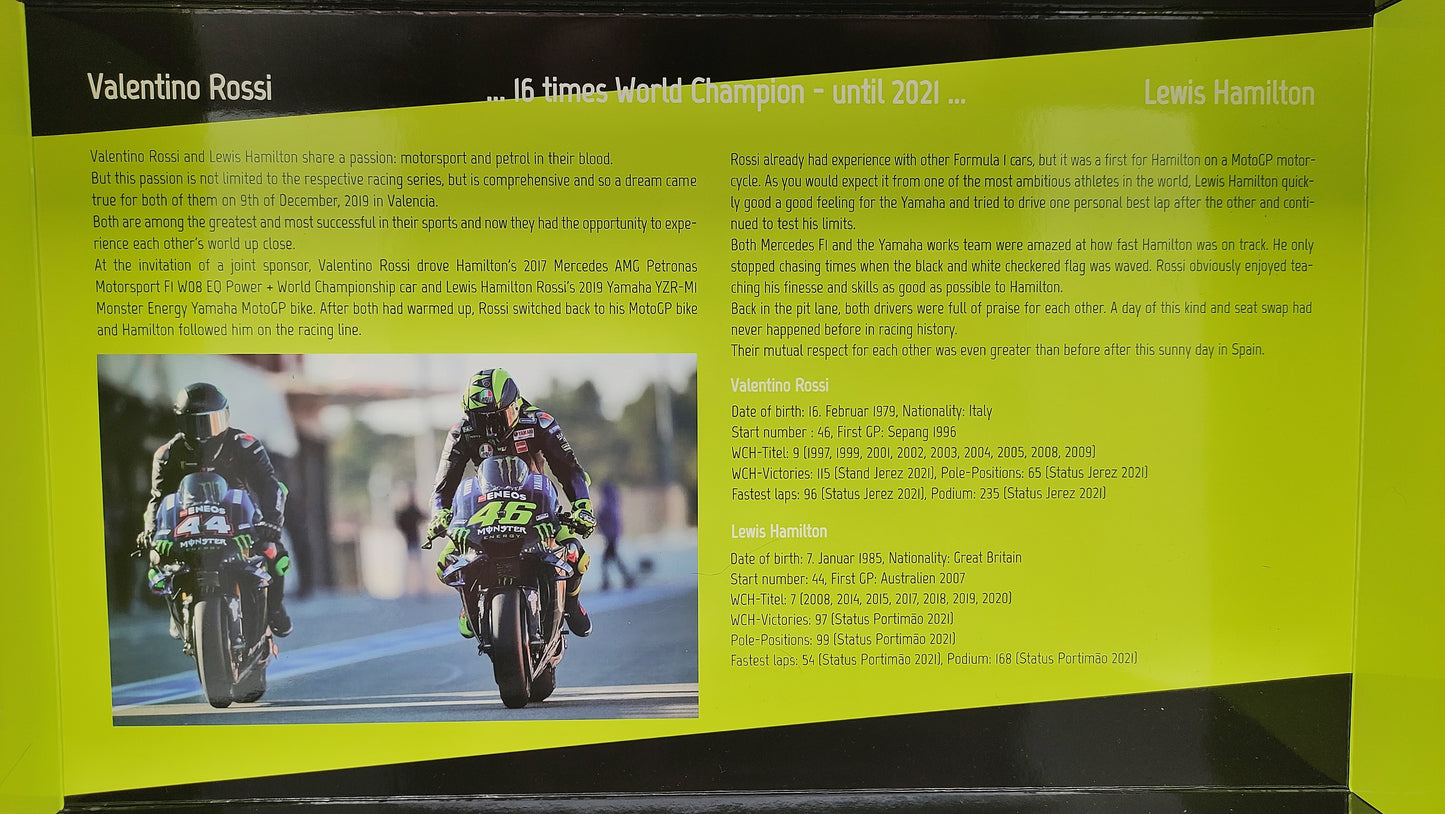 Minichamps Moto GP Yamaha YZR-M1 2 bike set Valentino Rossi Lewis Hamilton 1/12 Valencia 2019 Limited Edition 1446 pcs.