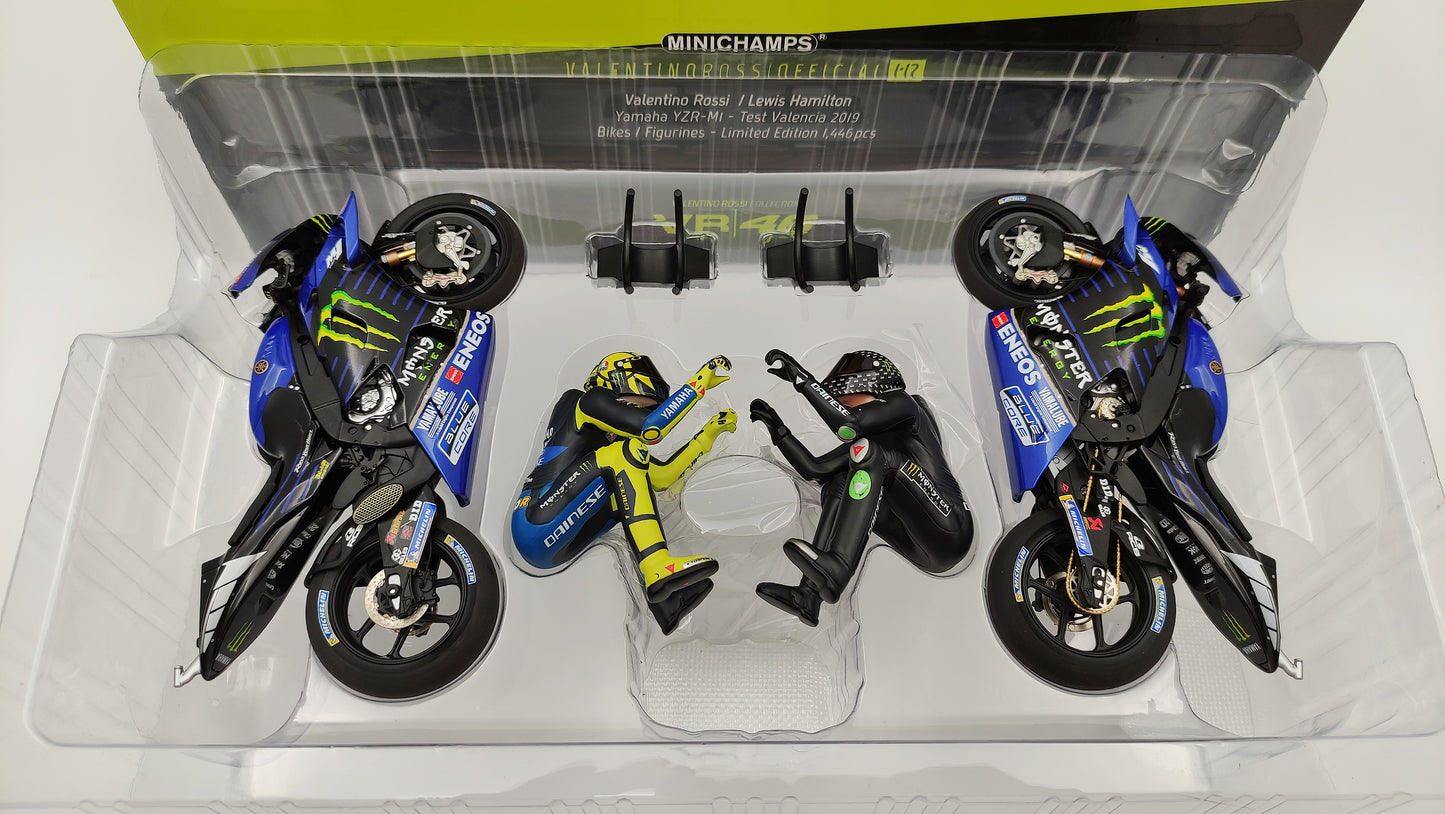 Minichamps Moto GP Yamaha YZR-M1 2 bike set Valentino Rossi Lewis Hamilton 1/12 Valencia 2019 Limited Edition 1446 pcs.