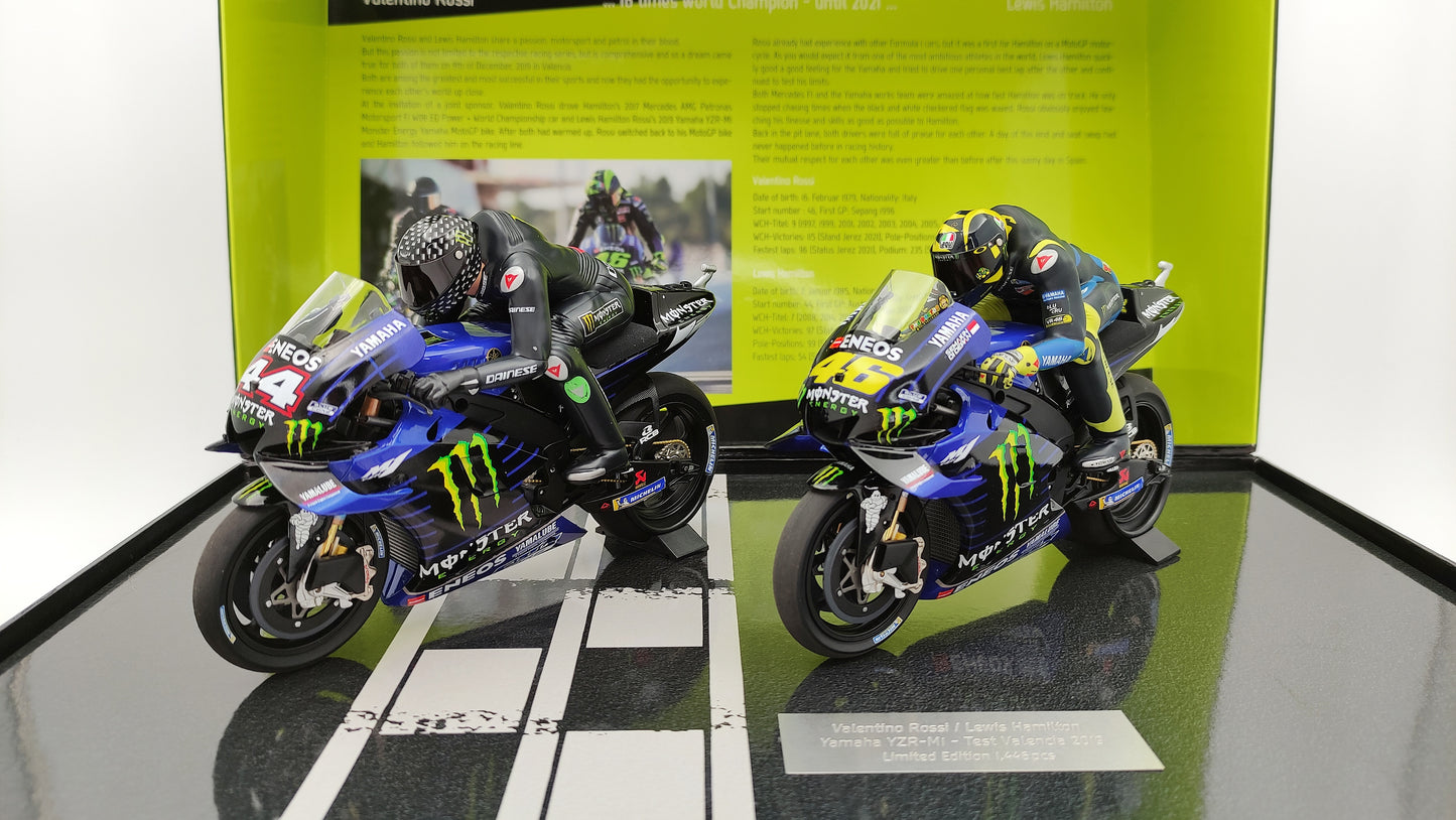 Minichamps Moto GP Yamaha YZR-M1 2 bike set Valentino Rossi Lewis Hamilton 1/12 Valencia 2019 Limited Edition 1446 pcs.