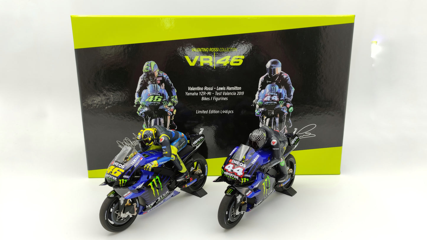 Minichamps Moto GP Yamaha YZR-M1 2 bike set Valentino Rossi Lewis Hamilton 1/12 Valencia 2019 Limited Edition 1446 pcs.